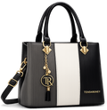 A black and white striped tote handbag with gold-tone hardware and a hanging TR charm, shown with front, side, and back views on a white background.