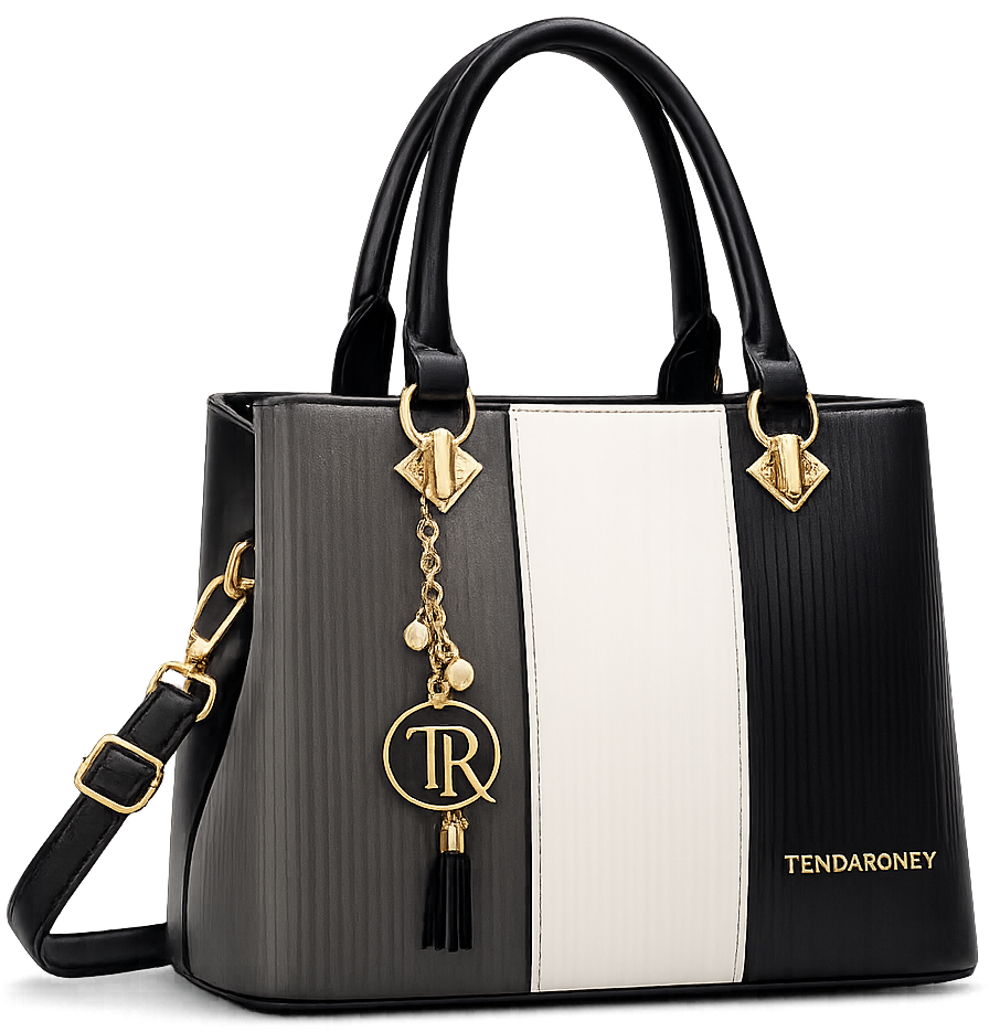 A black and white striped tote handbag with gold-tone hardware and a hanging TR charm, shown with front, side, and back views on a white background.